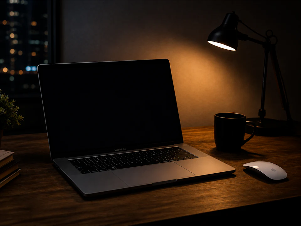 Laptop on a dark desk lit by a warm lamp