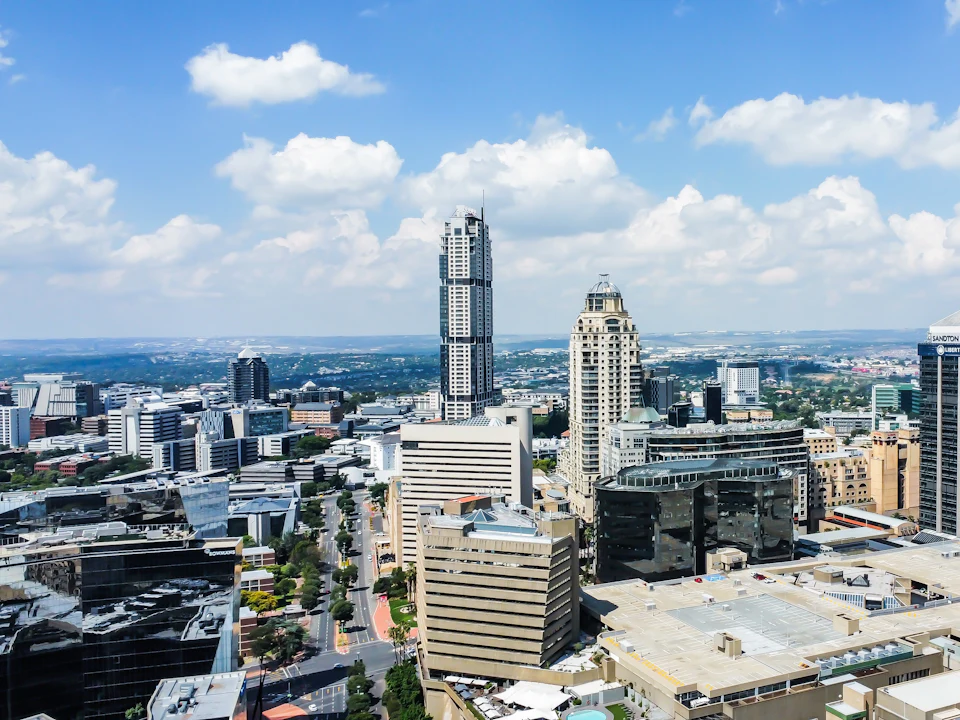 Aerial view of the Sandton business district in Johannesburg on a clear day
